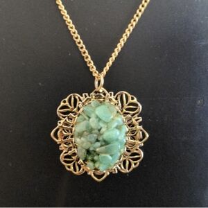 Vintage gold tone filigree necklace with natural green jadeite jade stones